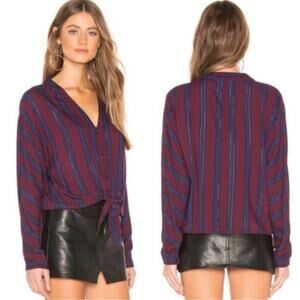 Rails Sloane Janeiro Stripe Button Down Tie Top Women’s Medium Burgundy Navy‎